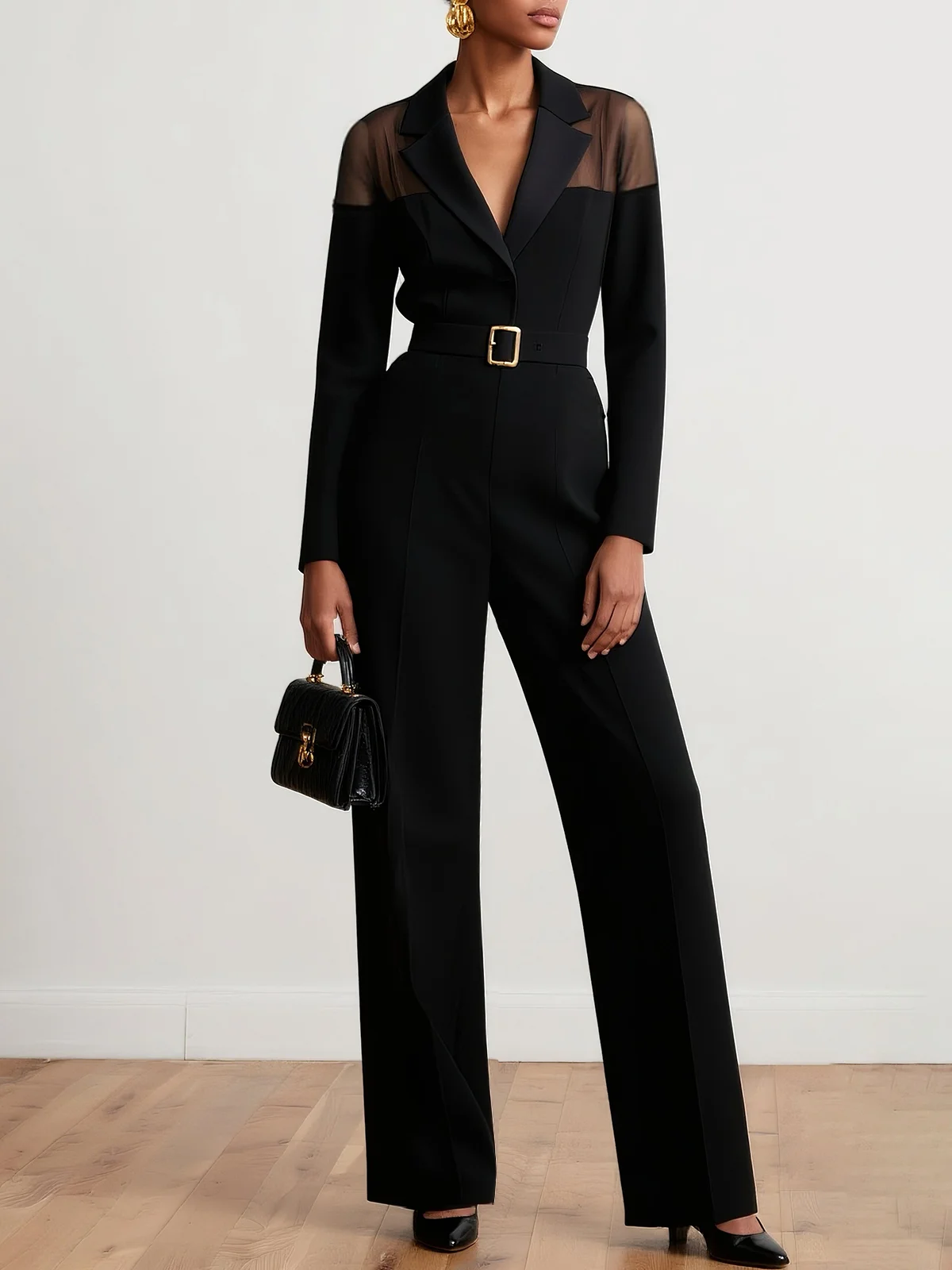 Women Black Mesh Lapel Collar Long Sleeve Dressy Jumpsuit