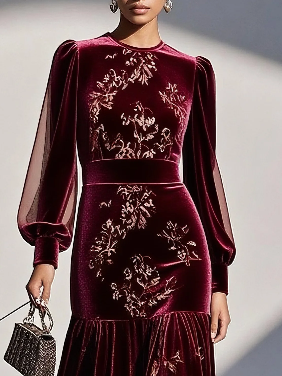 Wine Red Mesh Velvet Crew Neck Long Sleeve Balloon Sleeve Mermaid Midi Dress