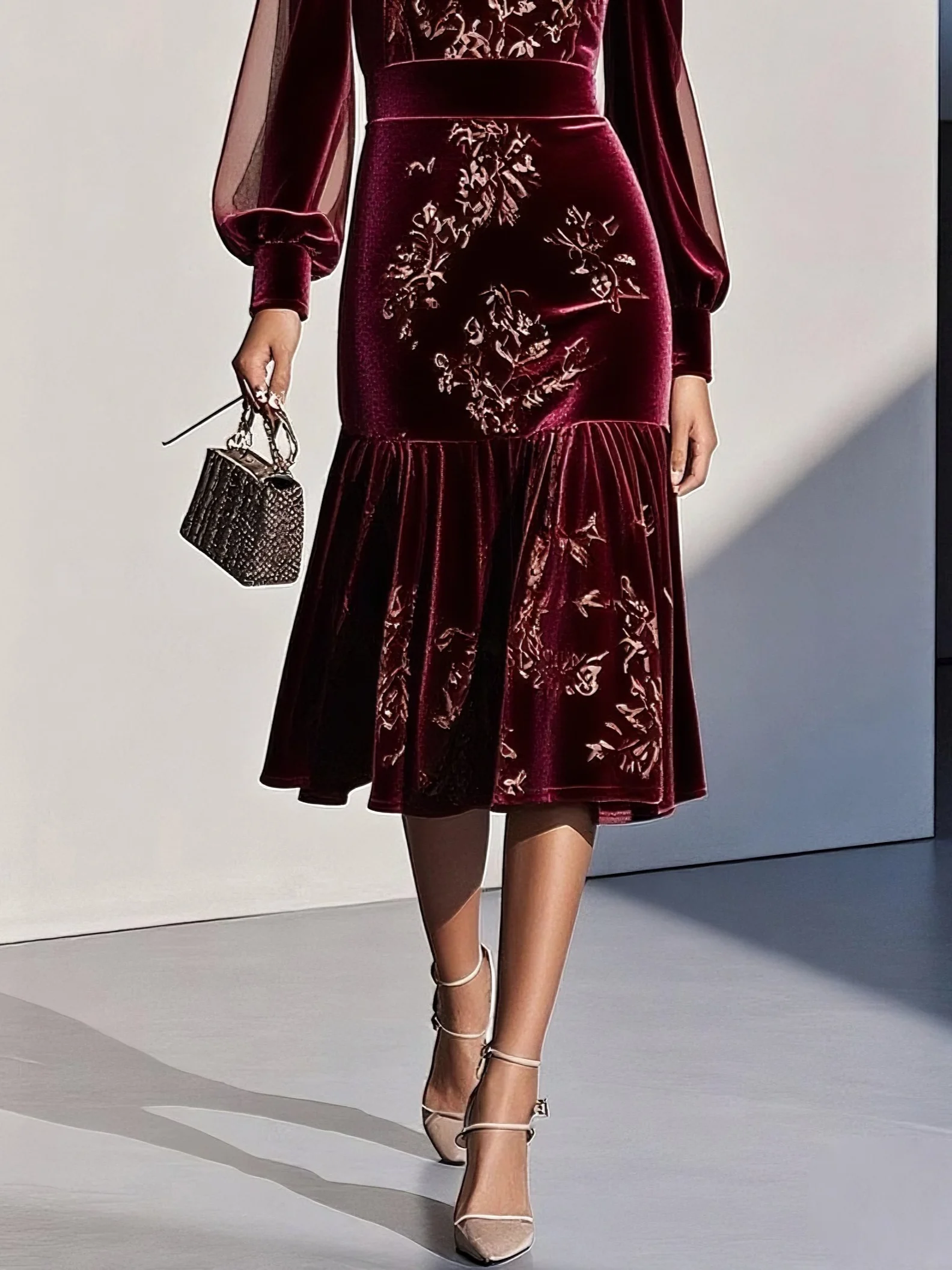 Wine Red Mesh Velvet Crew Neck Long Sleeve Balloon Sleeve Mermaid Midi Dress