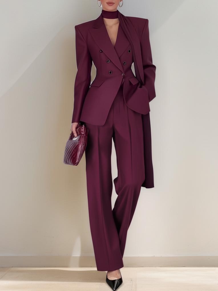 Women Wine Red Buckle Shoulder Pad Lapel Collar Long Sleeve Dressy Coat With Pants Two-Piece Set