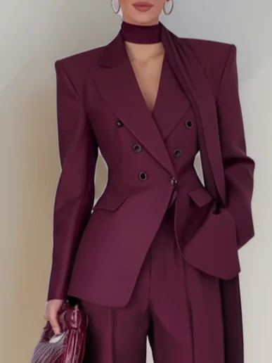 Women Wine Red Buckle Shoulder Pad Lapel Collar Long Sleeve Dressy Coat With Pants Two-Piece Set
