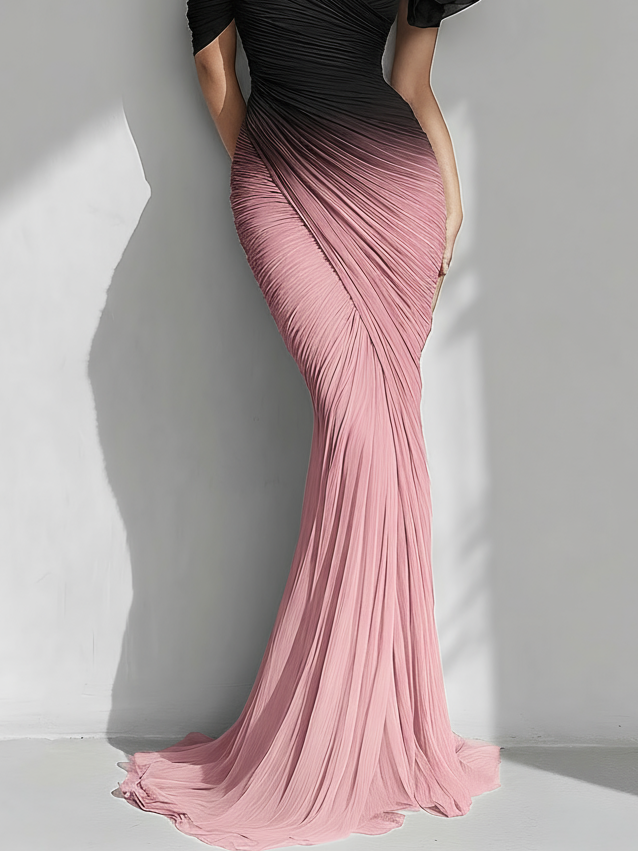 Pink 3D Floral Tulle Ruched Asymmetrical Sleeveless Mermaid Gown Dress