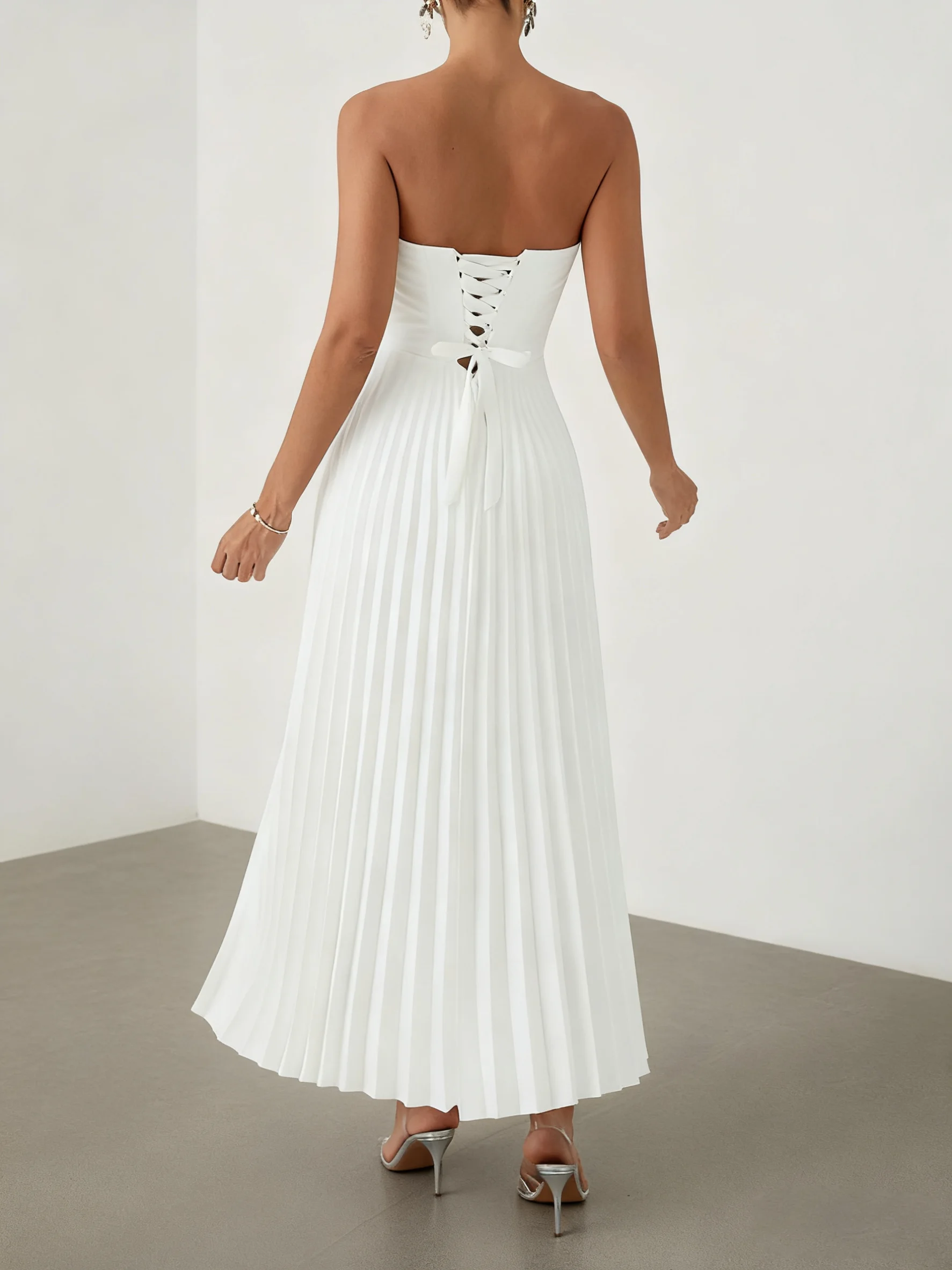 White Pleated Classic Strapless Sleeveless A-Line Maxi Dress