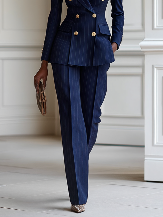 Women Navy Blue Buckle Lapel Collar Long Sleeve Dressy Coat With Pants Two-Piece Set