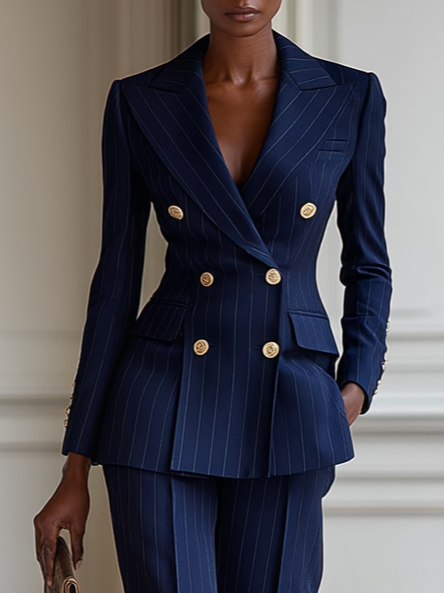 Women Navy Blue Buckle Lapel Collar Long Sleeve Dressy Coat With Pants Two-Piece Set