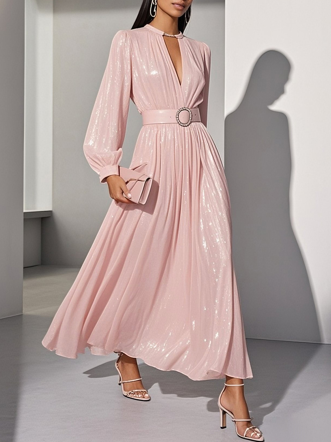 Light Pink Classic V Neck Long Sleeve Balloon Sleeve A-Line Maxi Dress