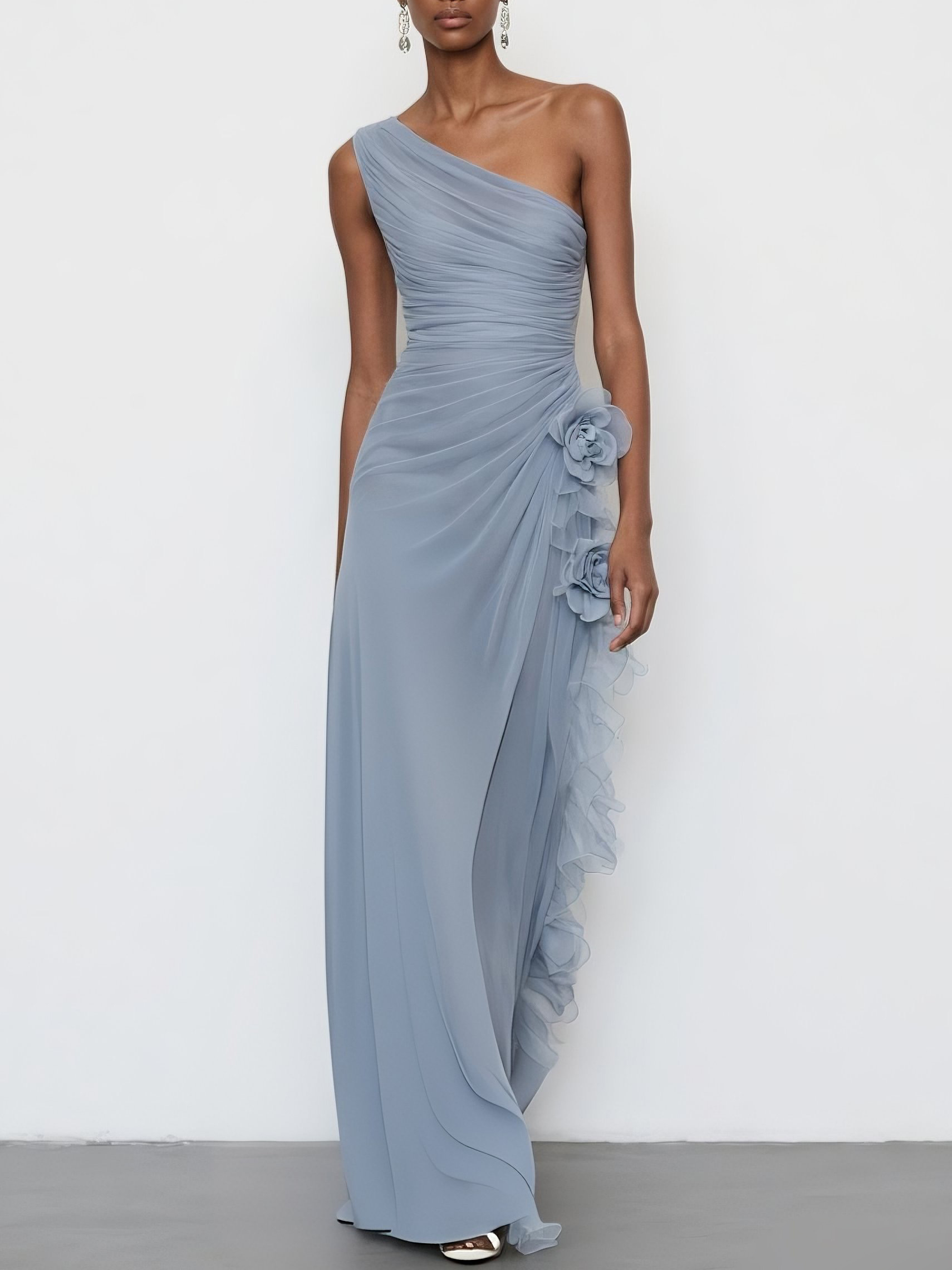 Light Blue 3D Floral Chiffon One Shoulder Sleeveless Sheath Maxi Dress