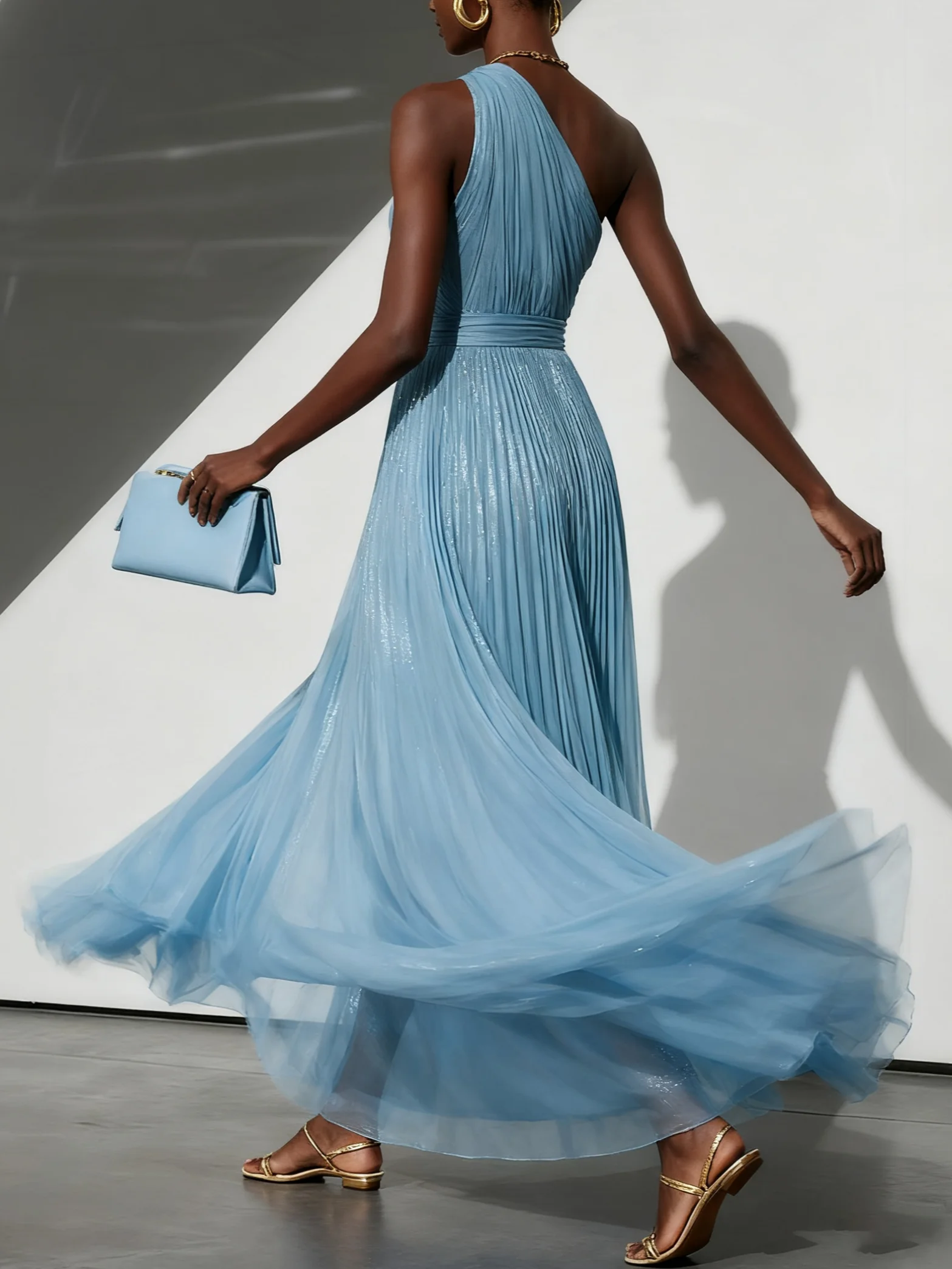 Light Blue Tulle One Shoulder Sleeveless A-Line Gown Dress