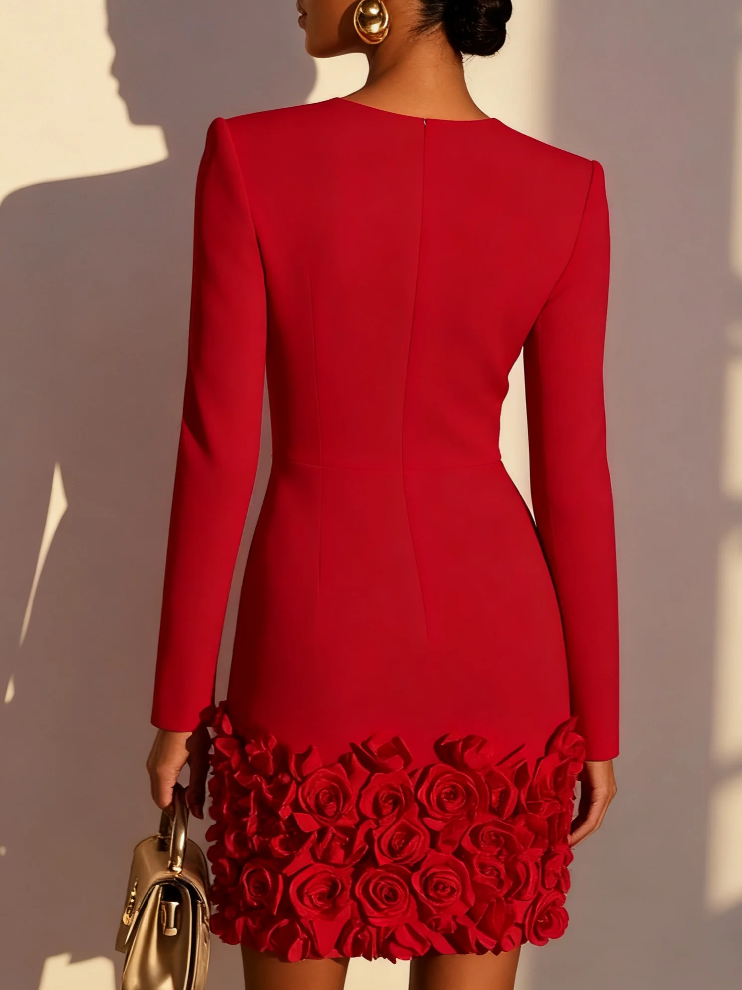 Red 3D Floral Classic V Neck Long Sleeve Sheath Mini Dress