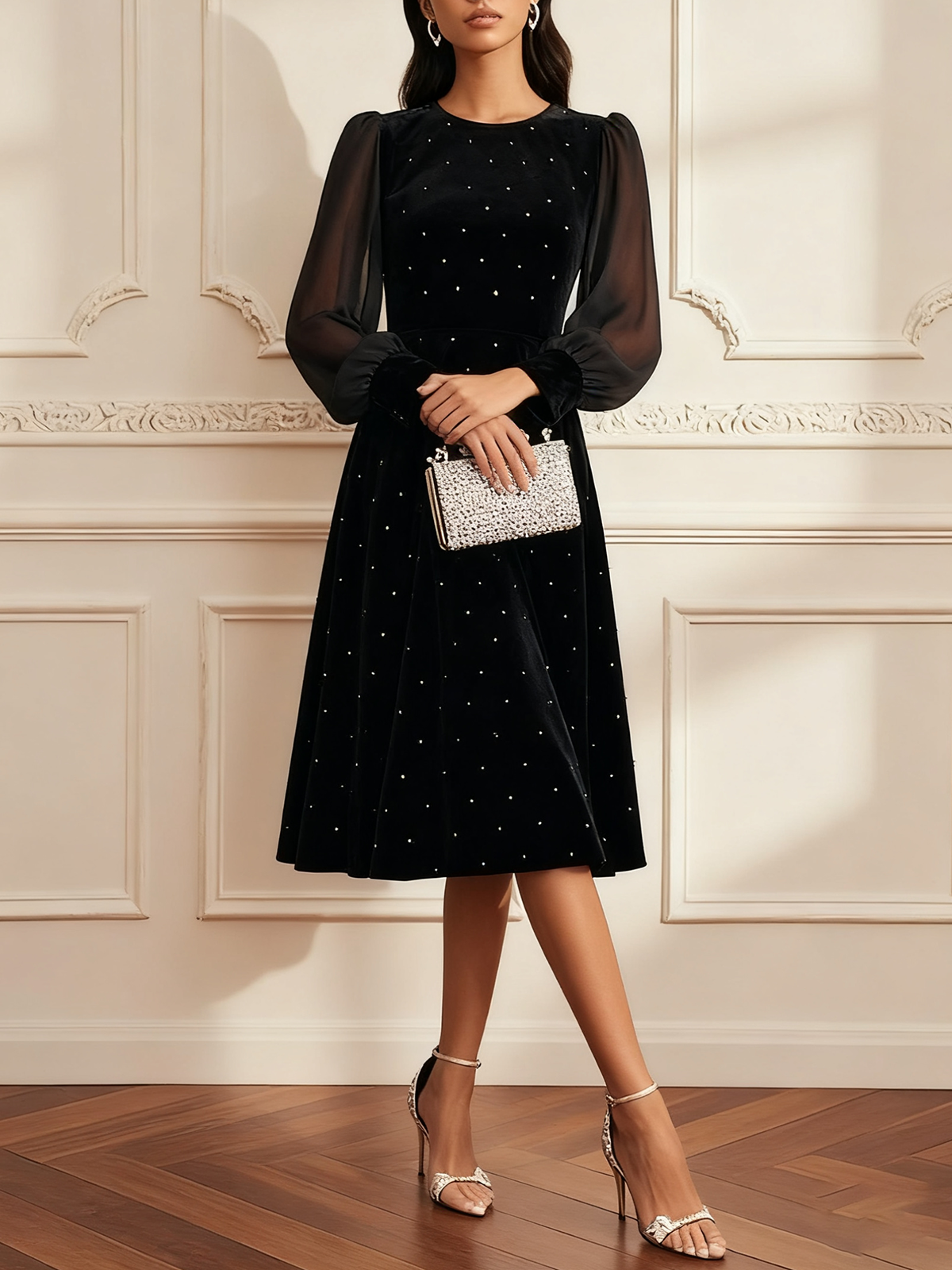 Black Hot Drilling Mesh Velvet Crew Neck Long Sleeve Balloon Sleeve A-Line Midi Dress