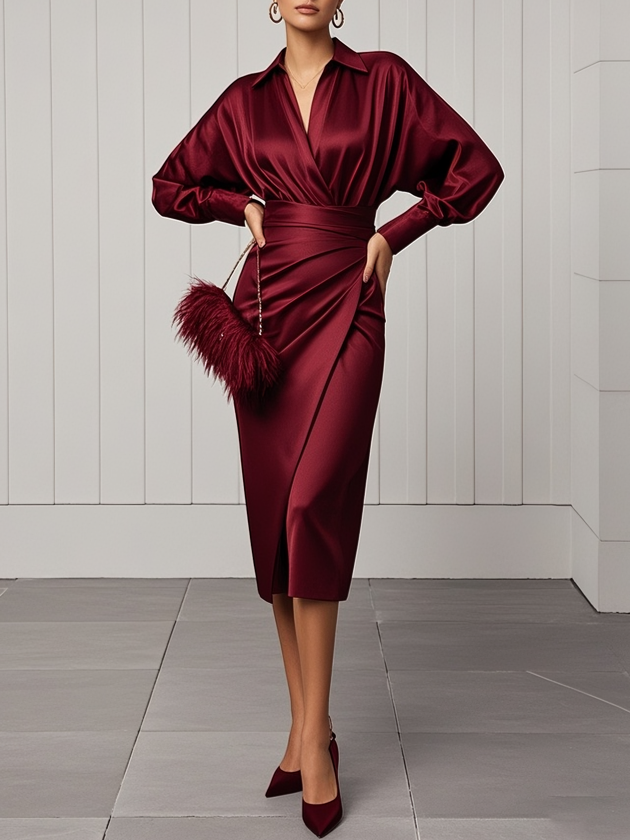 Women Wine Red Shawl Collar Long Sleeve Dressy Top With Skirt Two-Piece Set