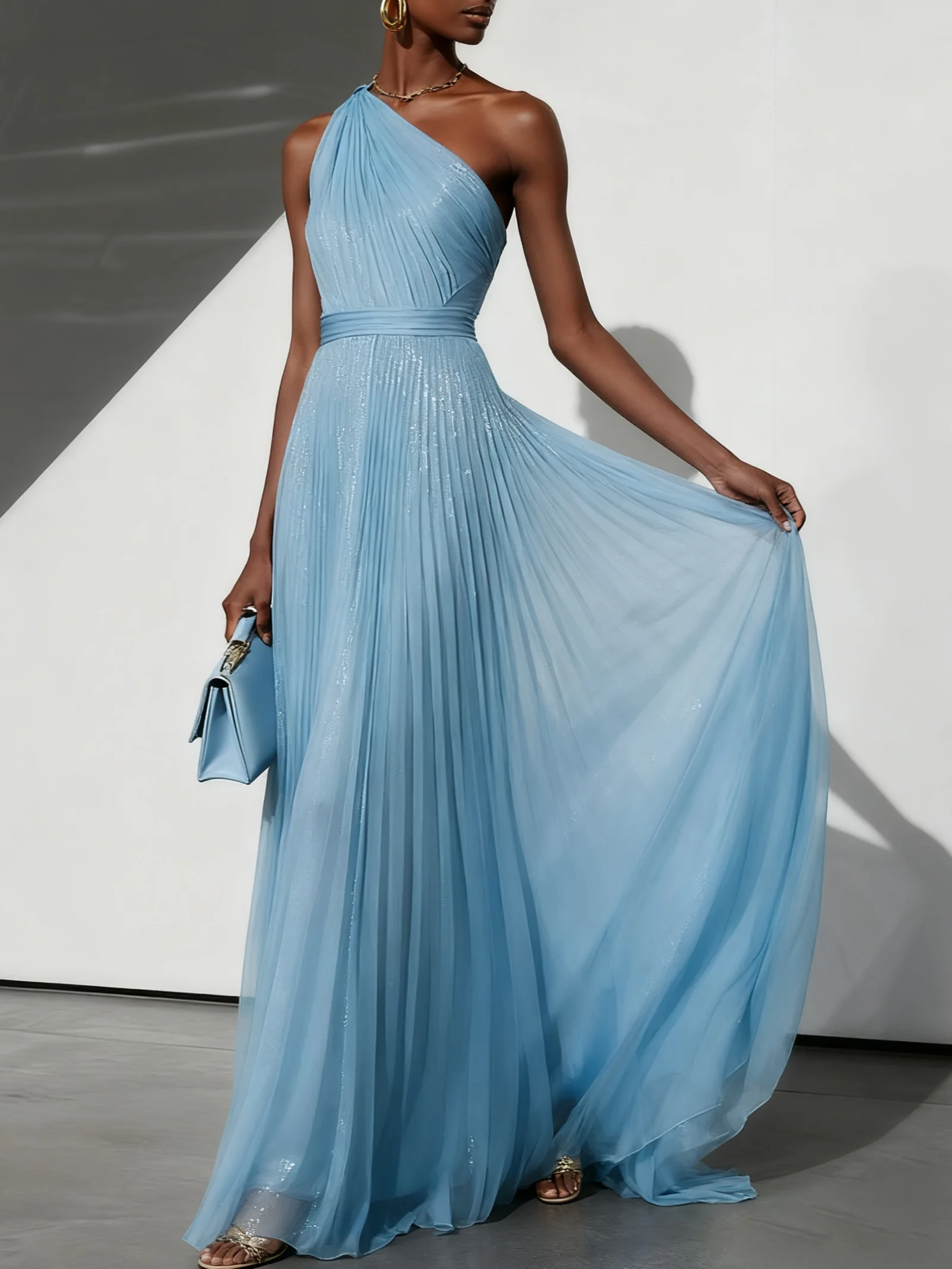 Light Blue Tulle One Shoulder Sleeveless A-Line Gown Dress