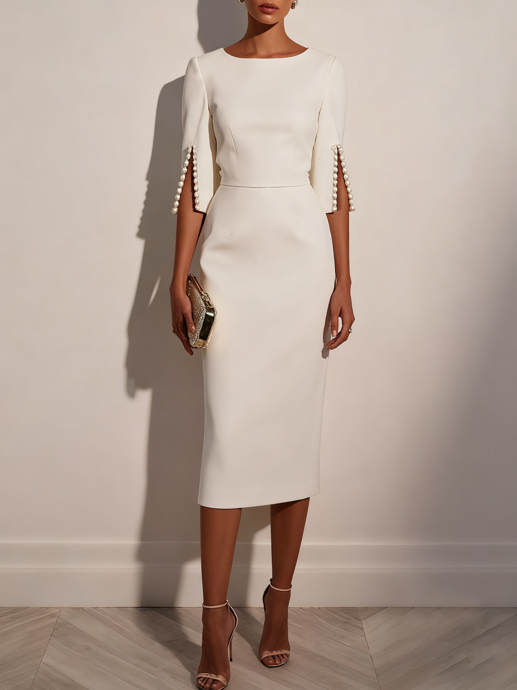 White Imitation Pearls Classic Crew Neck Half Sleeve Sheath Midi Dress