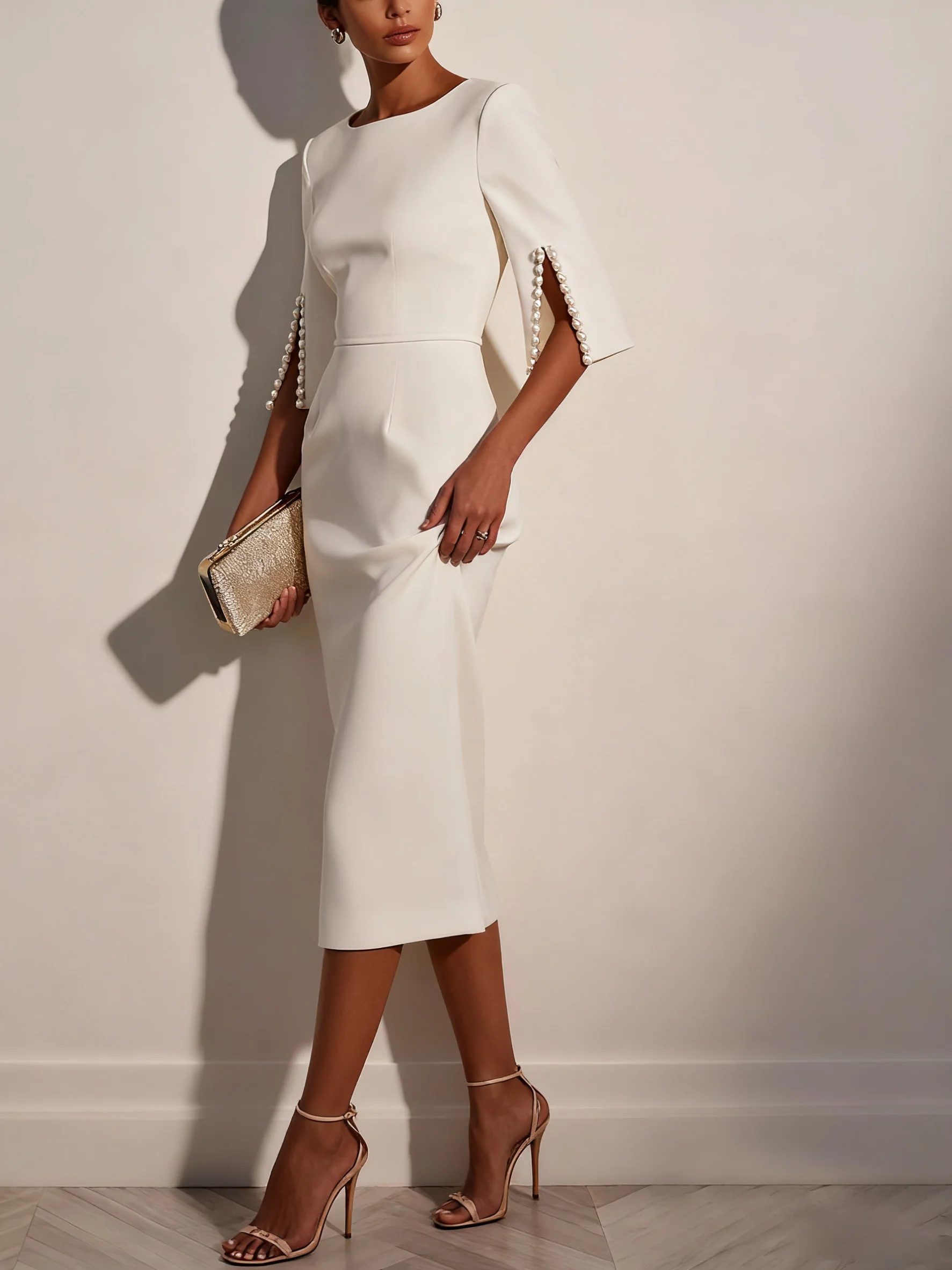 White Imitation Pearls Classic Crew Neck Half Sleeve Sheath Midi Dress