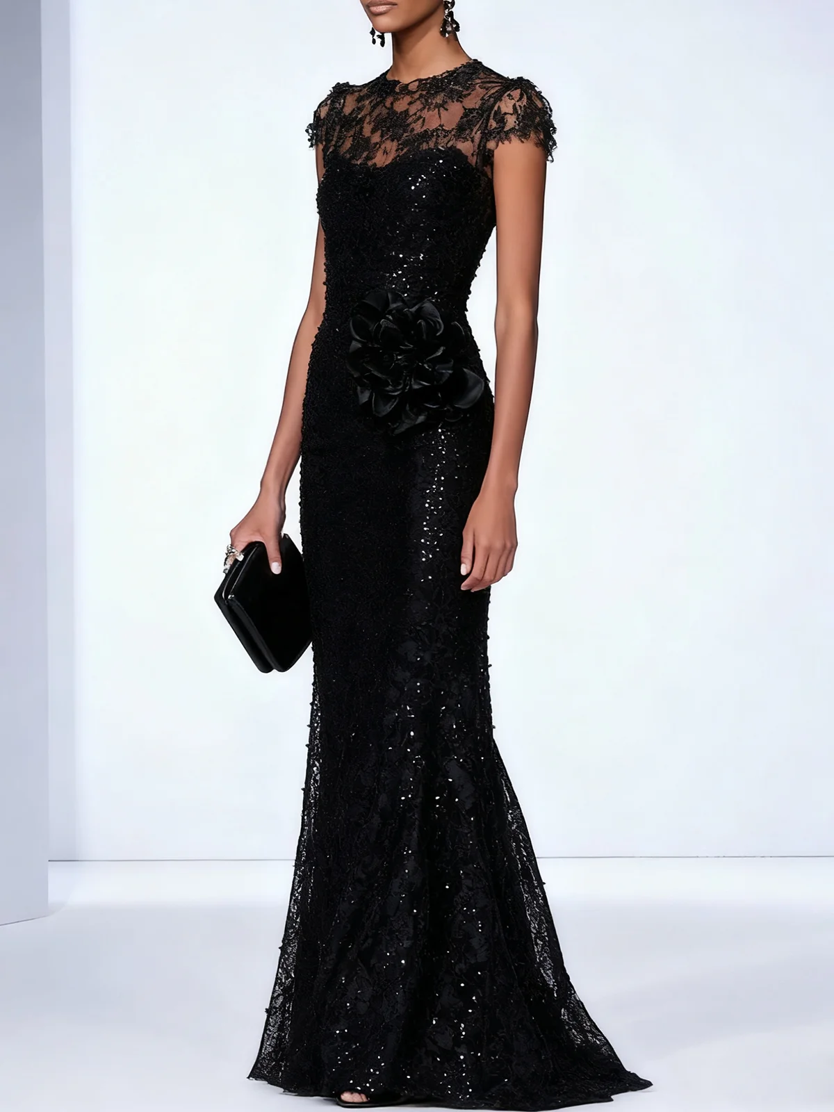 Black 3D Floral Lace Sequin Crew Neck Short Sleeve Sheath Maxi Dress