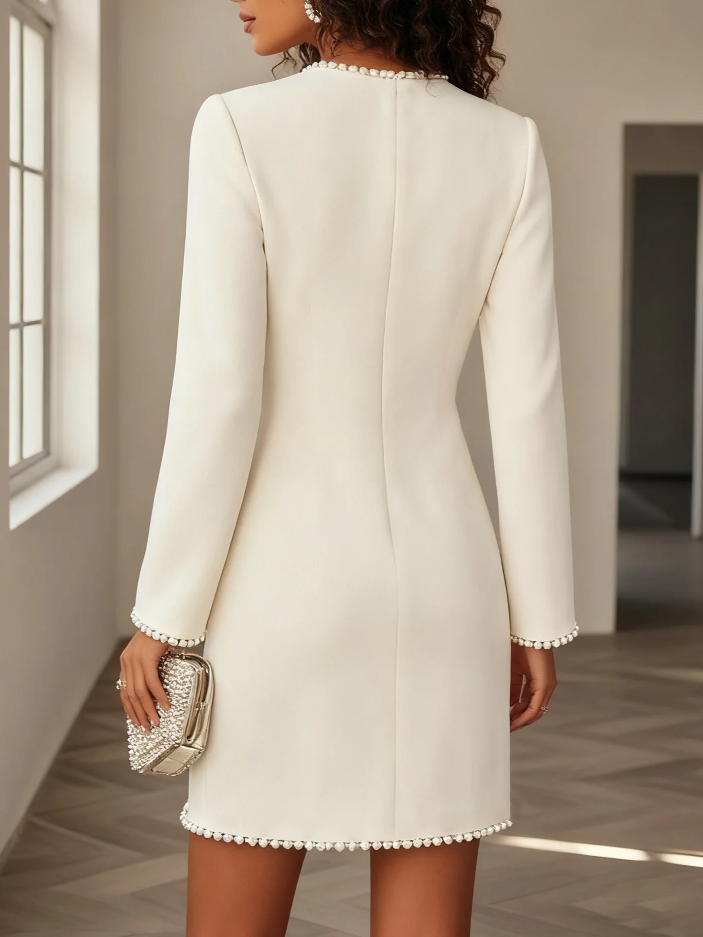 White Imitation Pearls Cut Out Classic Crew Neck Long Sleeve Shift Mini Dress