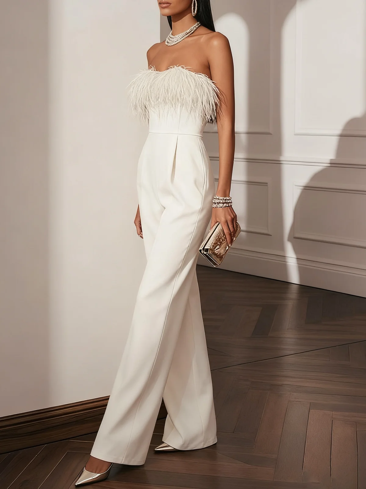 Women White Feather-trimmed Strapless Sleeveless Dressy Jumpsuit