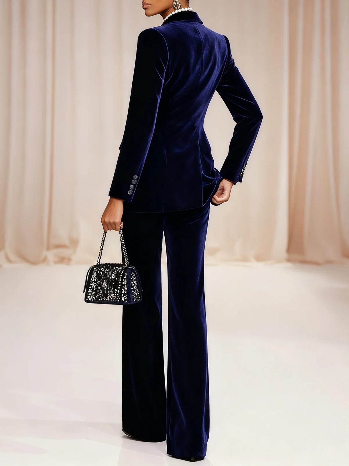 Women Navy Blue Velvet Piping Lapel Collar Long Sleeve Dressy Coat With Pants Two-Piece Set