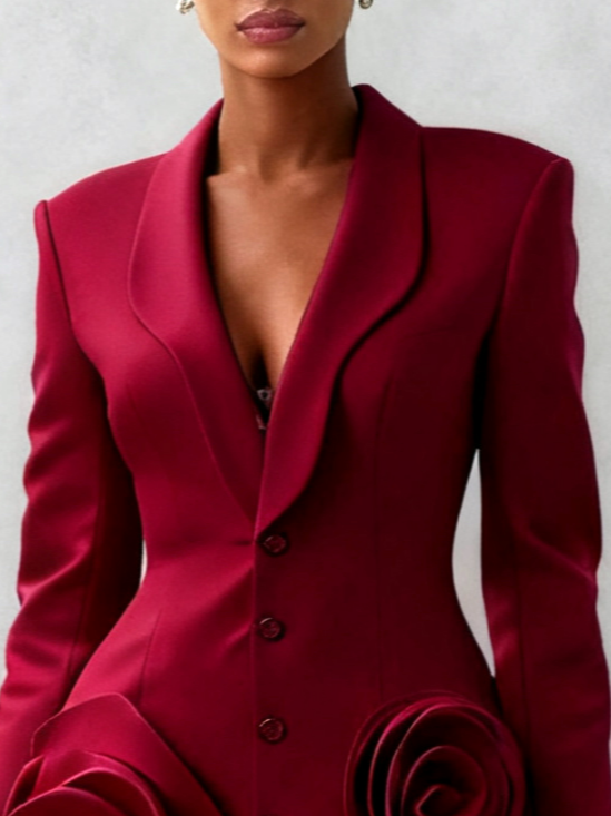 Red 3D Floral Blazer Shawl Collar Long Sleeve A-Line Mini Dress