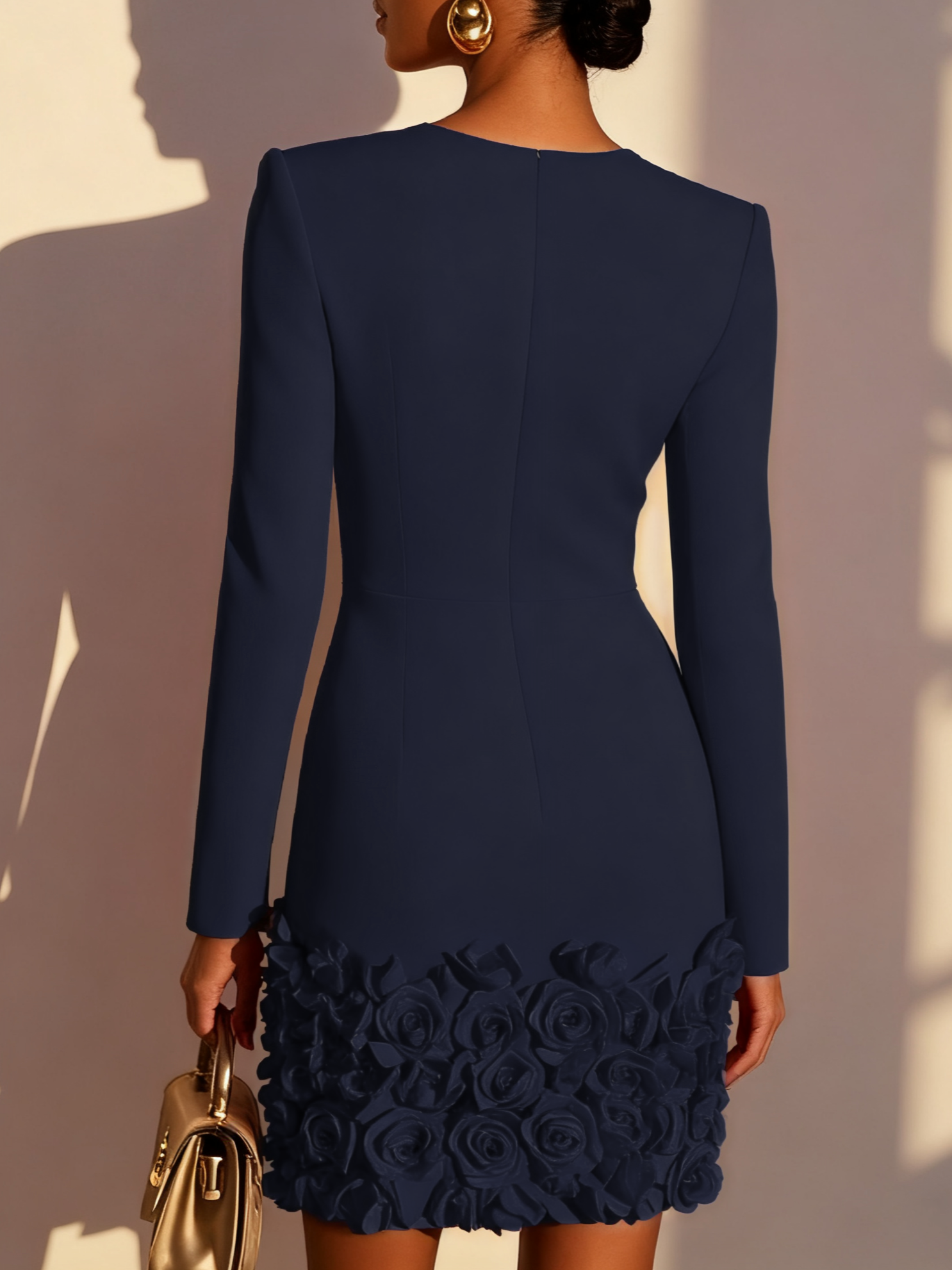 Navy Blue 3D Floral Classic V Neck Long Sleeve Sheath Mini Dress