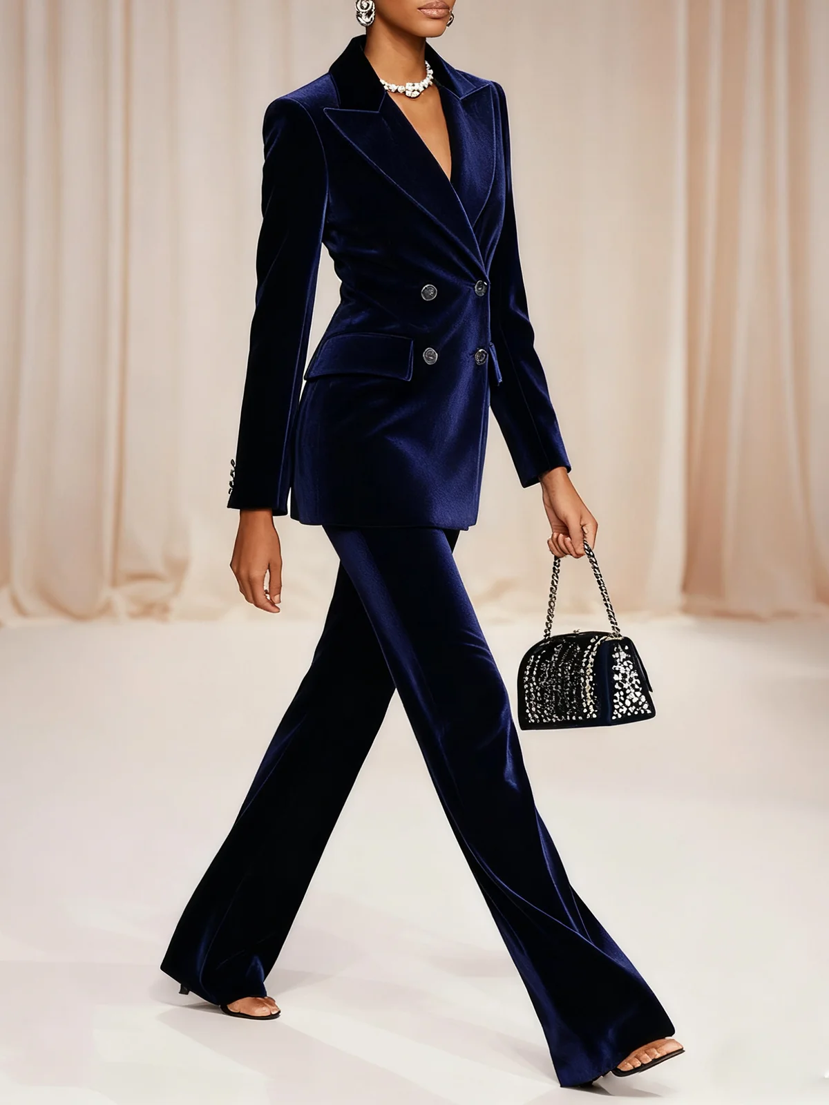 Women Navy Blue Velvet Piping Lapel Collar Long Sleeve Dressy Coat With Pants Two-Piece Set