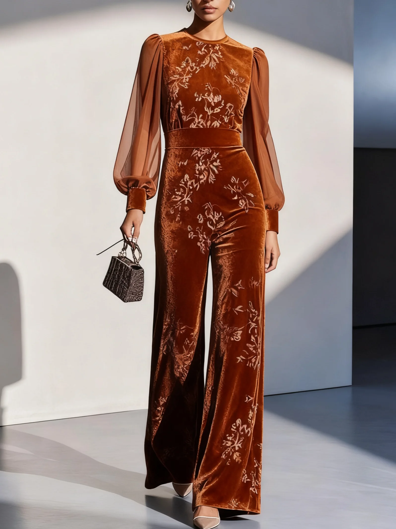 Women Caramel Jacquard Mesh Crew Neck Long Sleeve Balloon Sleeve Dressy Jumpsuit