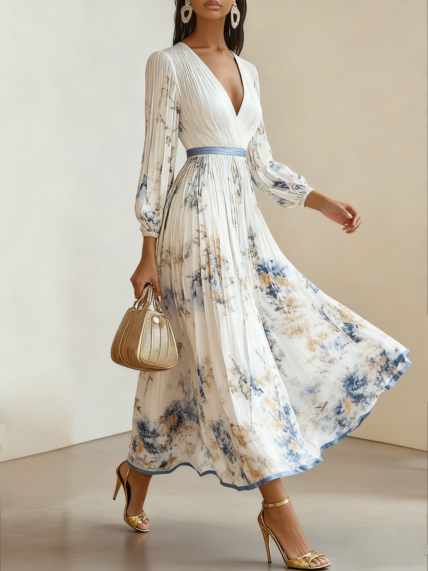 White Pleated Floral Chiffon V Neck Long Sleeve Balloon Sleeve A-Line Maxi Dress