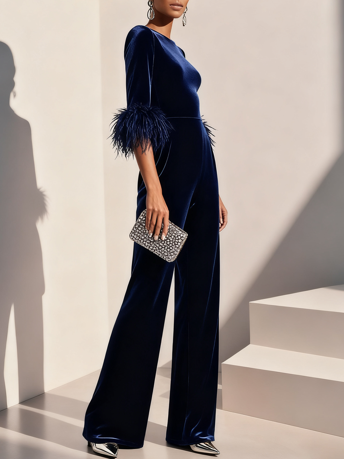 Women Navy Blue Feather-trimmed Crew Neck Three Quarter Sleeve Dressy Jumpsuit