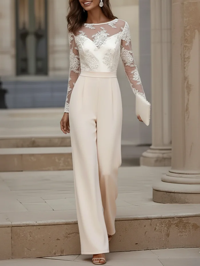 Women Apricot Lace Beaded Boat Neck Long Sleeve Regular Sleeve Dressy Jumpsuit
