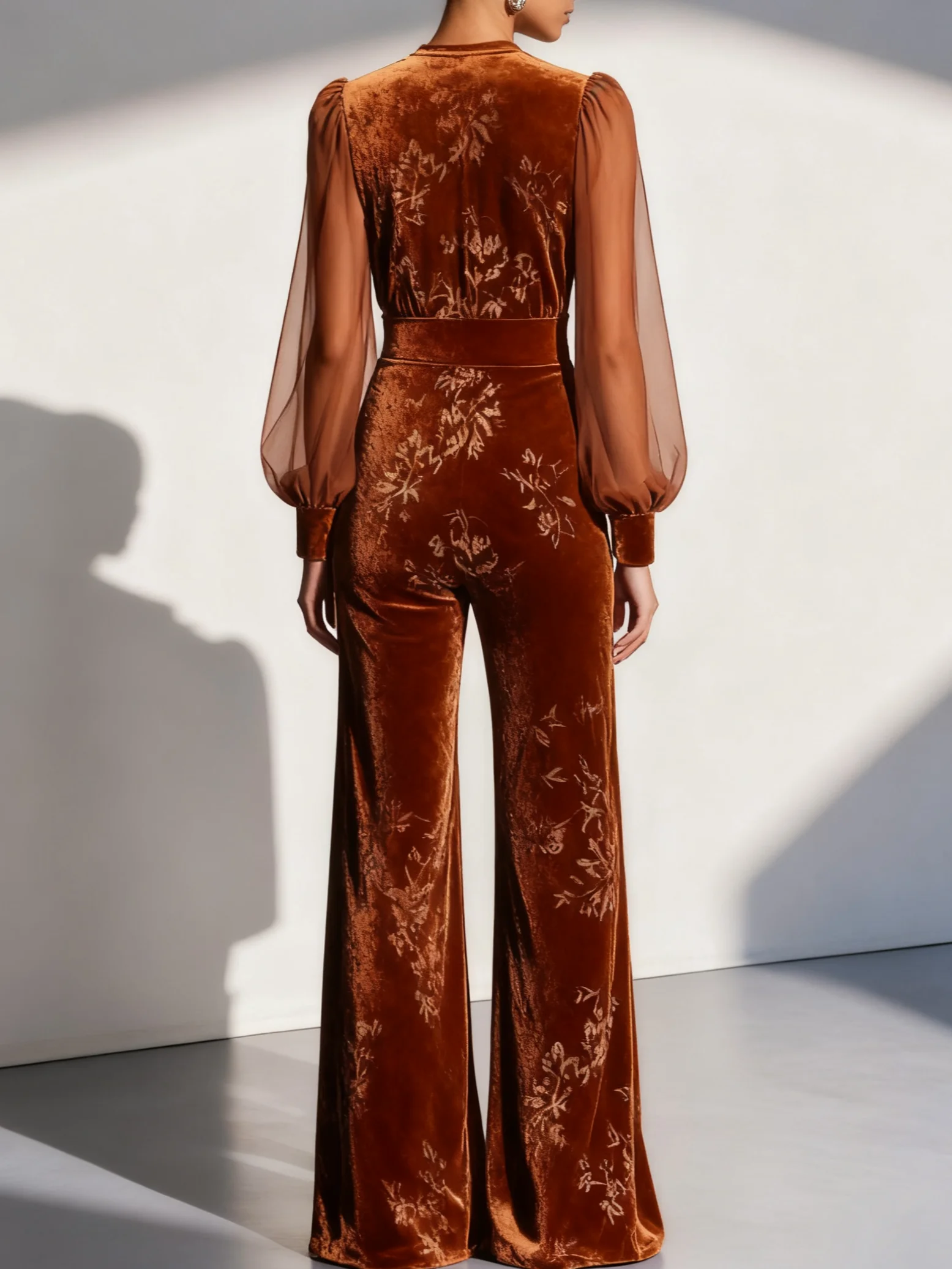 Women Caramel Jacquard Mesh Crew Neck Long Sleeve Balloon Sleeve Dressy Jumpsuit