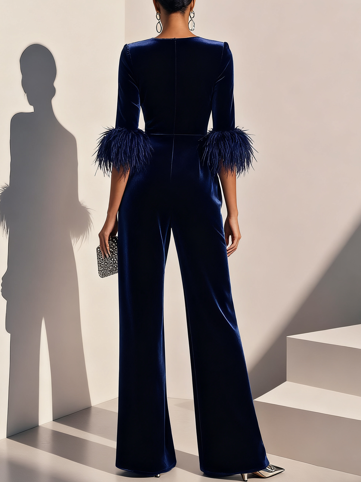 Women Navy Blue Feather-trimmed Crew Neck Three Quarter Sleeve Dressy Jumpsuit