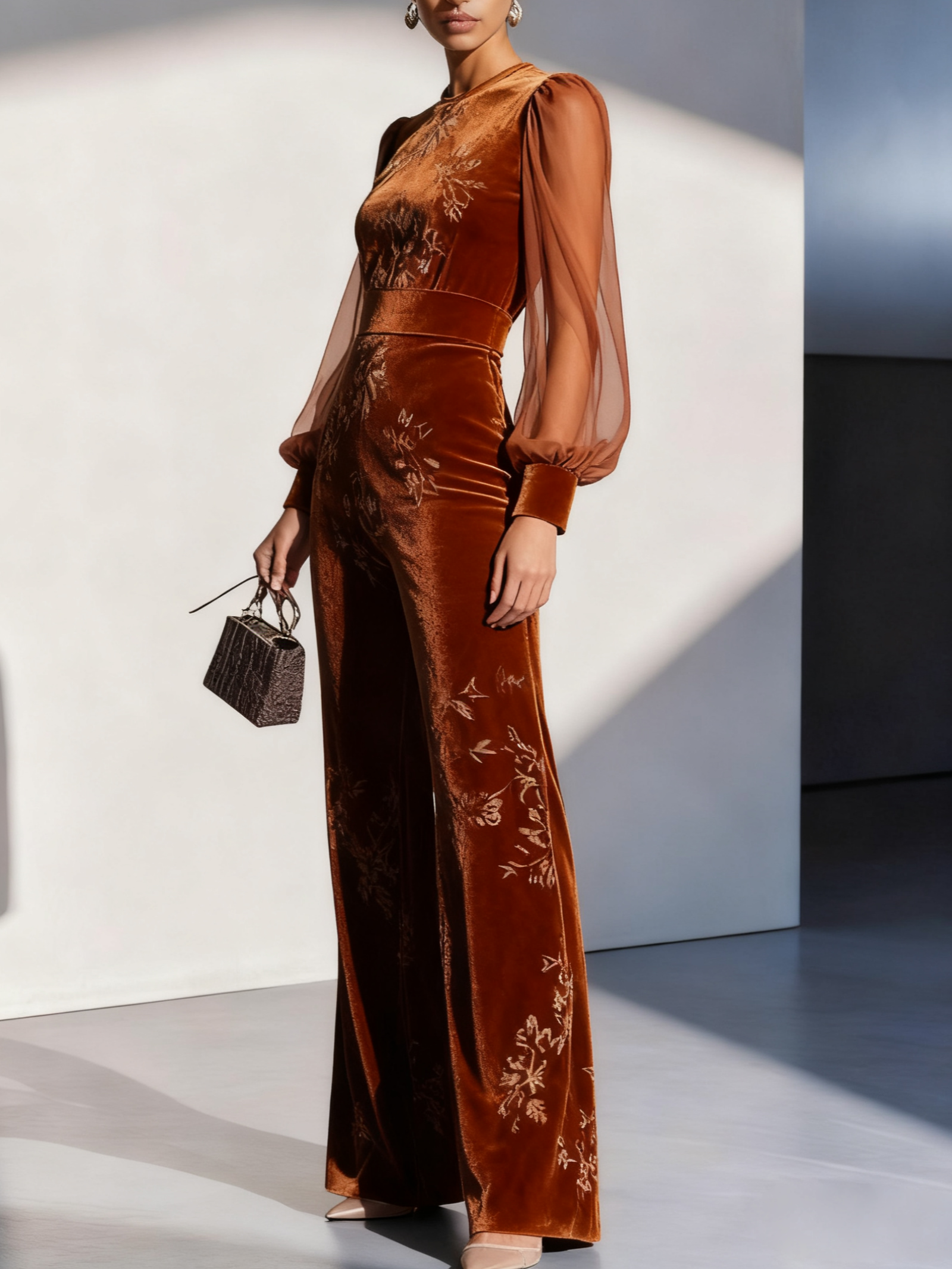 Women Caramel Jacquard Mesh Crew Neck Long Sleeve Balloon Sleeve Dressy Jumpsuit