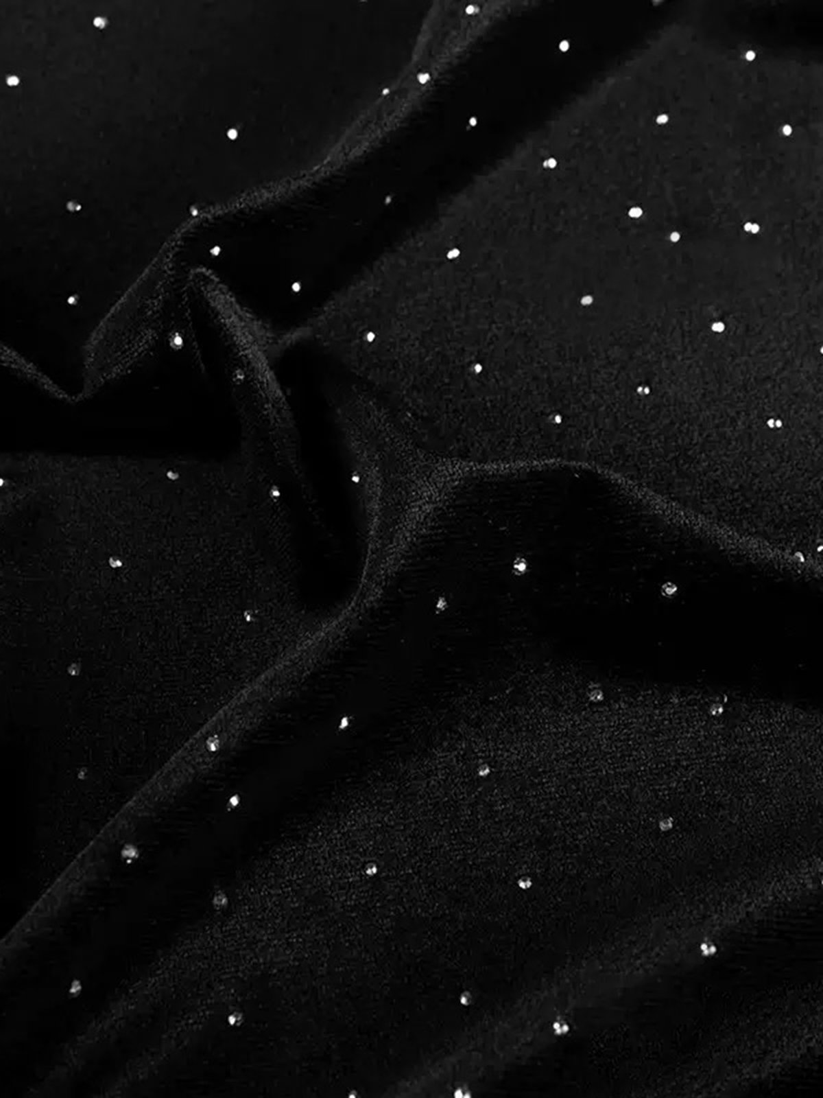 Black Hot Drilling Mesh Velvet Crew Neck Long Sleeve Balloon Sleeve A-Line Midi Dress