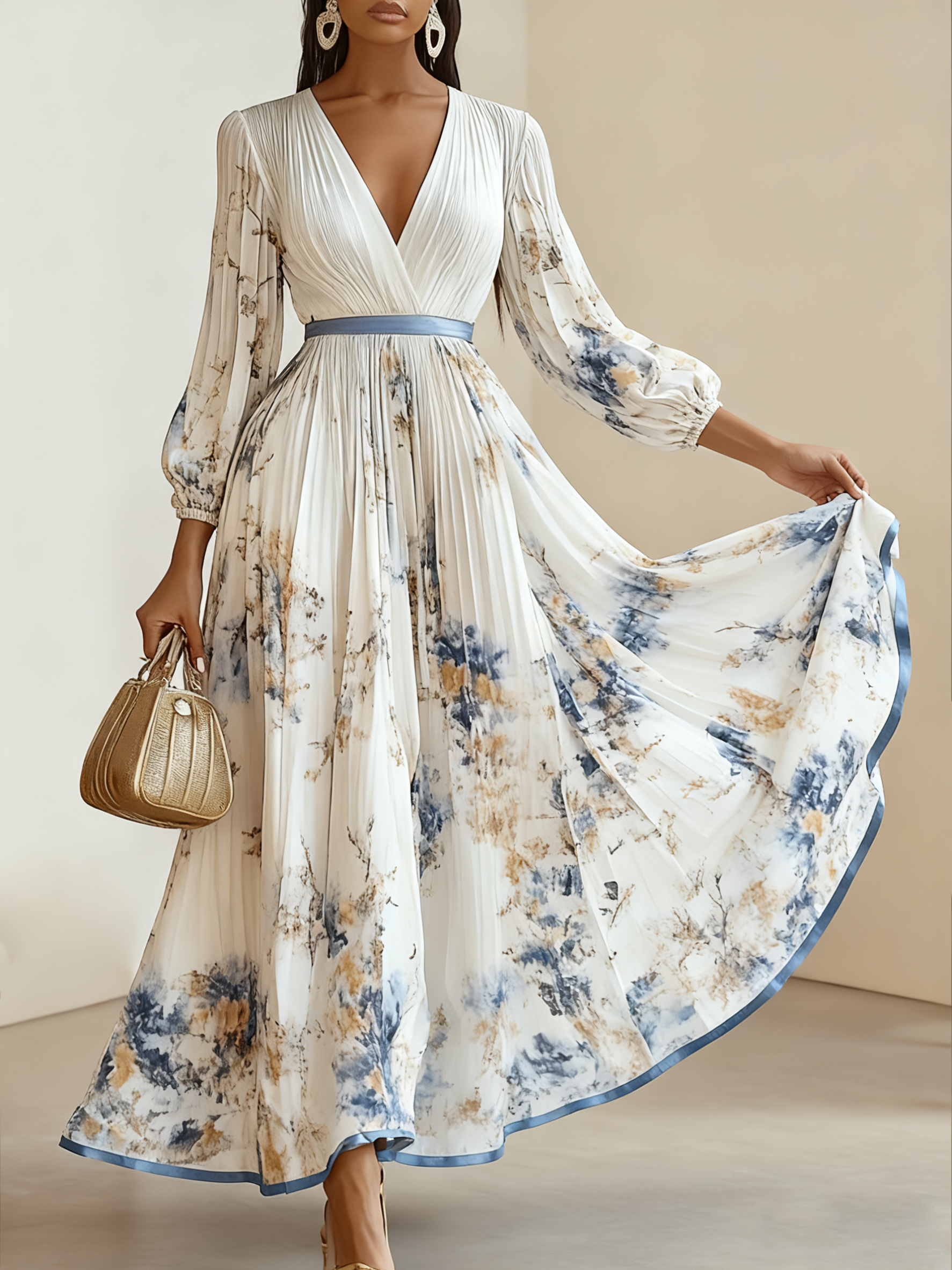 White Pleated Floral Chiffon V Neck Long Sleeve Balloon Sleeve A-Line Maxi Dress