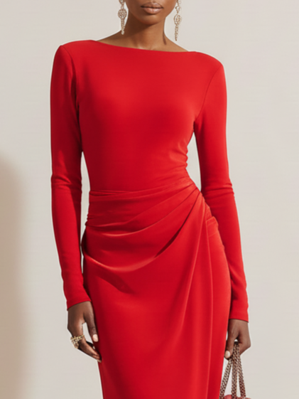 Red Asymmetric Ruched Knit Boat Neck Long Sleeve Sheath Midi Dress