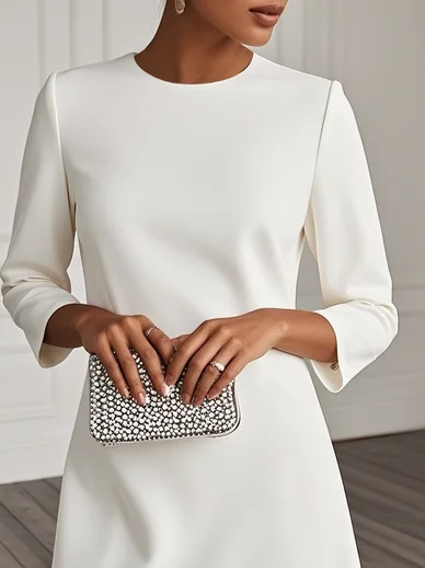 White Rhinestone Classic Crew Neck Three Quarter Sleeve A-Line Mini Dress