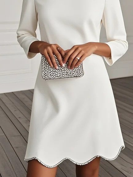 White Rhinestone Classic Crew Neck Three Quarter Sleeve A-Line Mini Dress