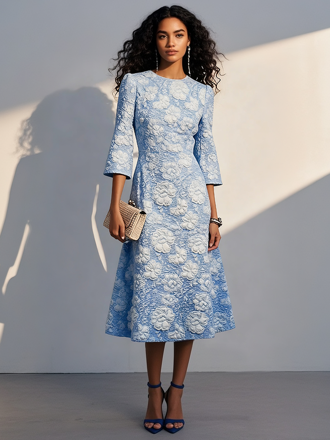 Blue Floral Jacquard Classic Crew Neck Three Quarter Sleeve A-Line Midi Dress