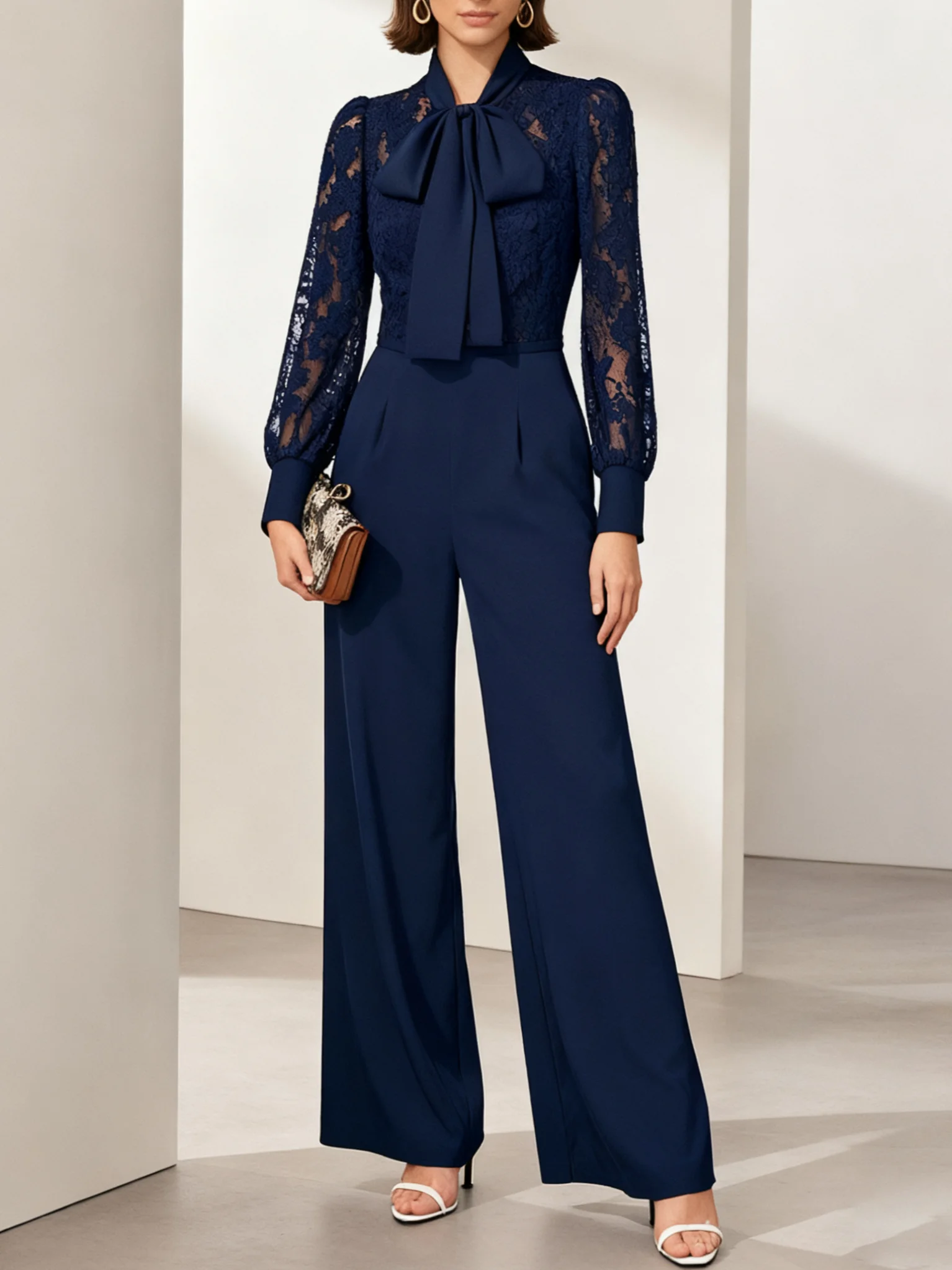 Women Purplish Blue Lace Bow Tie Neck Long Sleeve Balloon Sleeve Dressy Jumpsuit