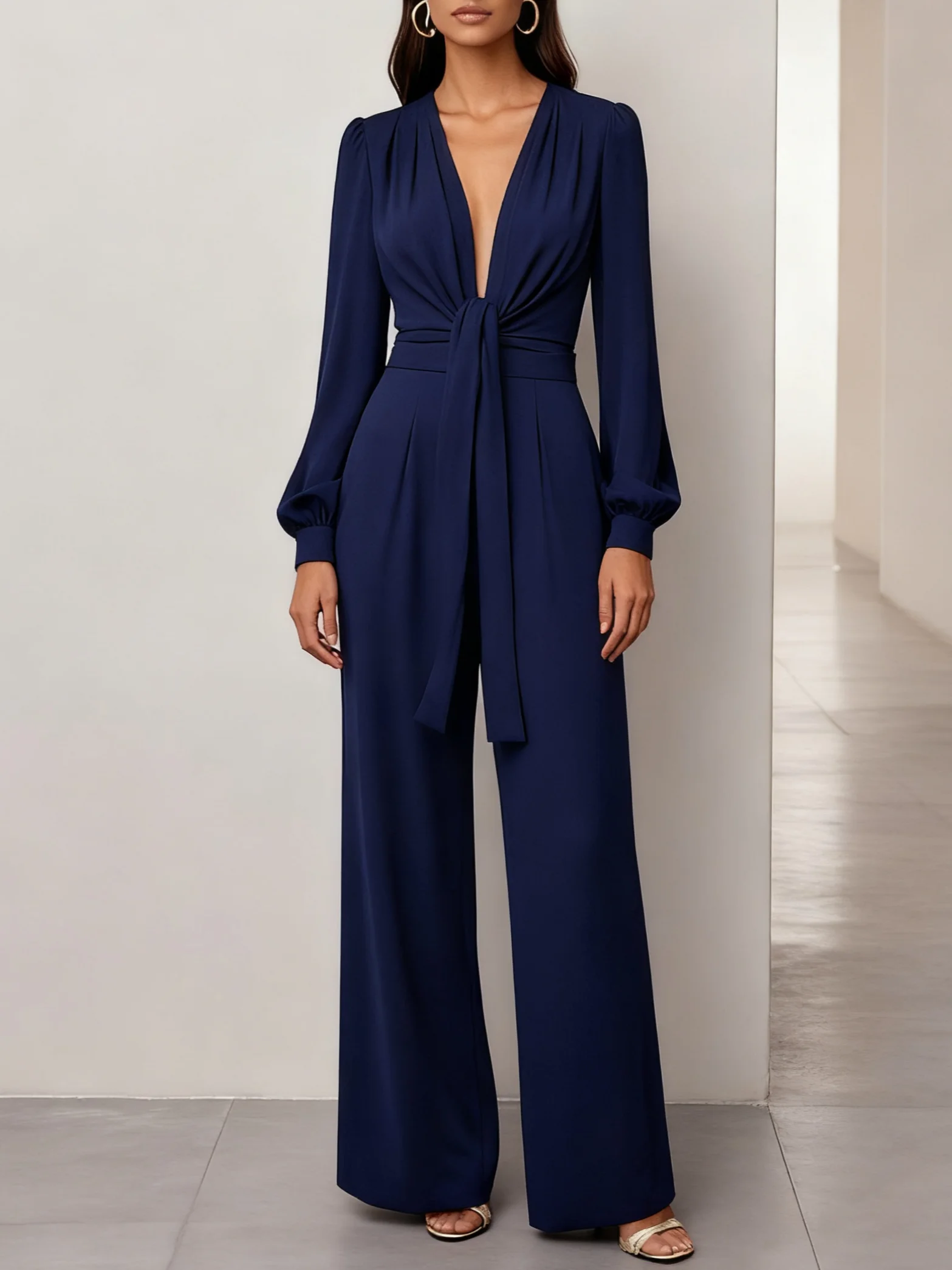 Women Purplish Blue Knot Front Deep V Neck Long Sleeve Balloon Sleeve Dressy Jumpsuit