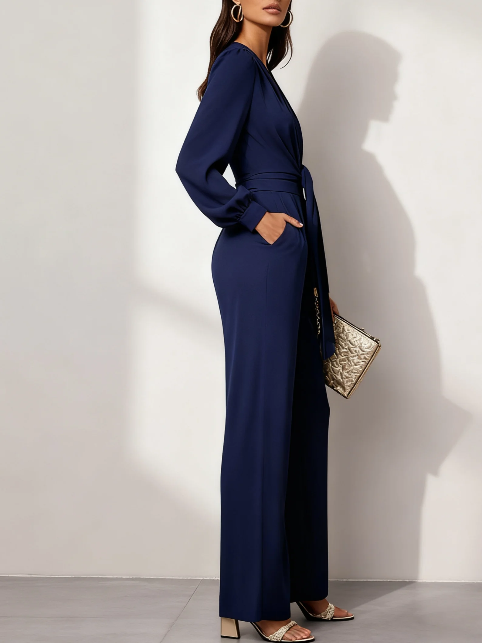 Women Purplish Blue Knot Front Deep V Neck Long Sleeve Balloon Sleeve Dressy Jumpsuit