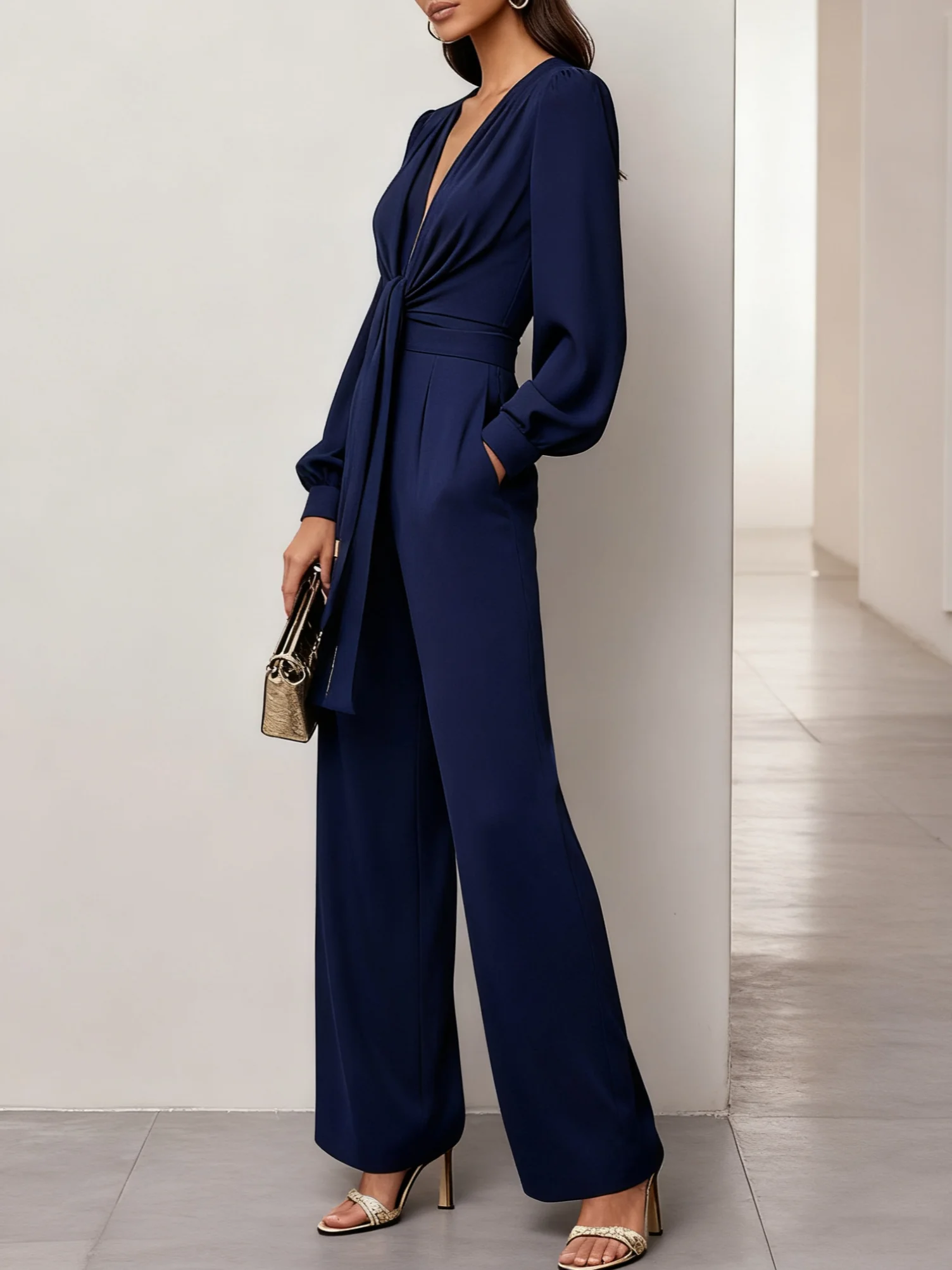 Women Purplish Blue Knot Front Deep V Neck Long Sleeve Balloon Sleeve Dressy Jumpsuit