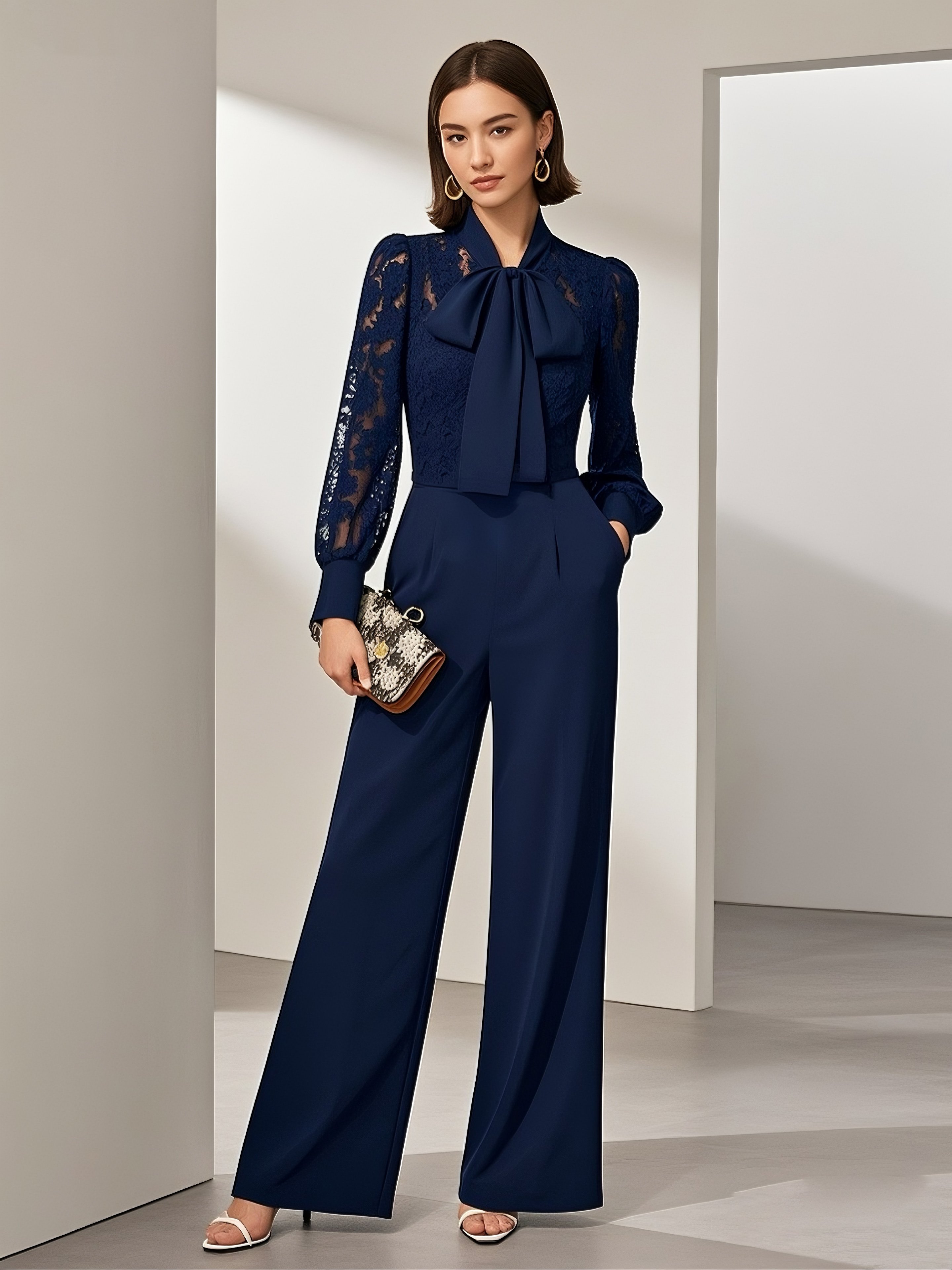 Women Purplish Blue Lace Bow Tie Neck Long Sleeve Balloon Sleeve Dressy Jumpsuit