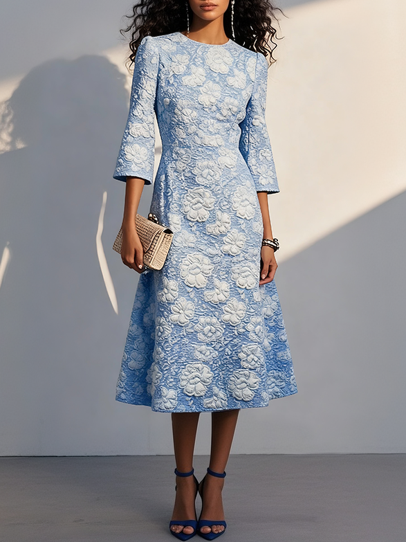 Blue Floral Jacquard Classic Crew Neck Three Quarter Sleeve A-Line Midi Dress