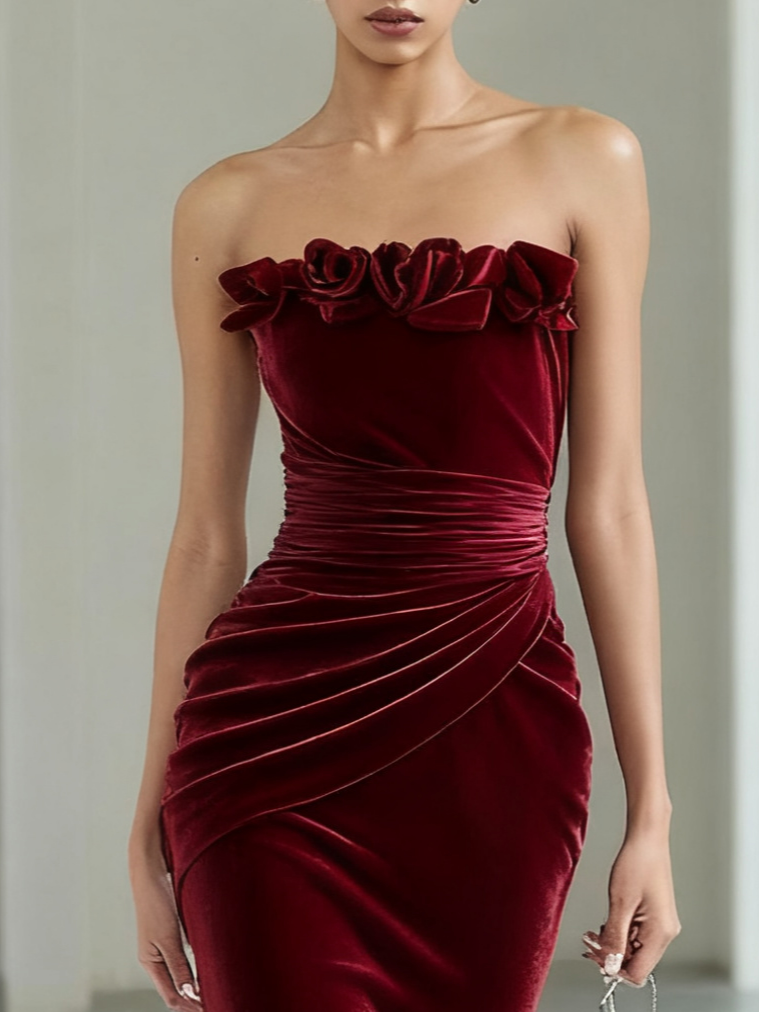 Wine Red 3D Floral Velvet Strapless Sleeveless Sheath Maxi Dress
