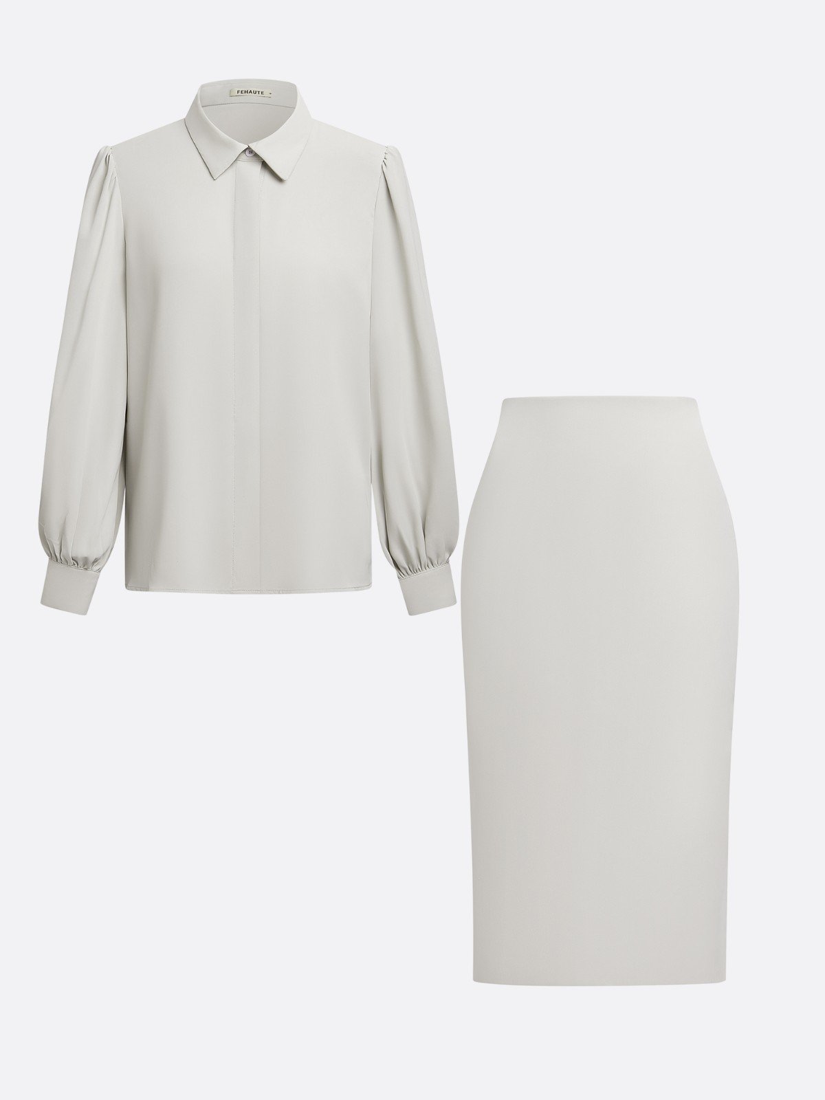 Women Light Gray Ruched Shirt Collar Long Sleeve Dressy Top With Skirt Two-Piece Set