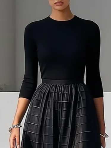 Black Organza Knit Crew Neck Half Sleeve A-Line Midi Dress