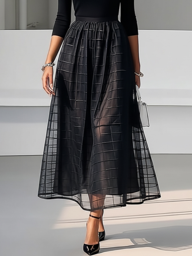 Black Organza Knit Crew Neck Half Sleeve A-Line Midi Dress