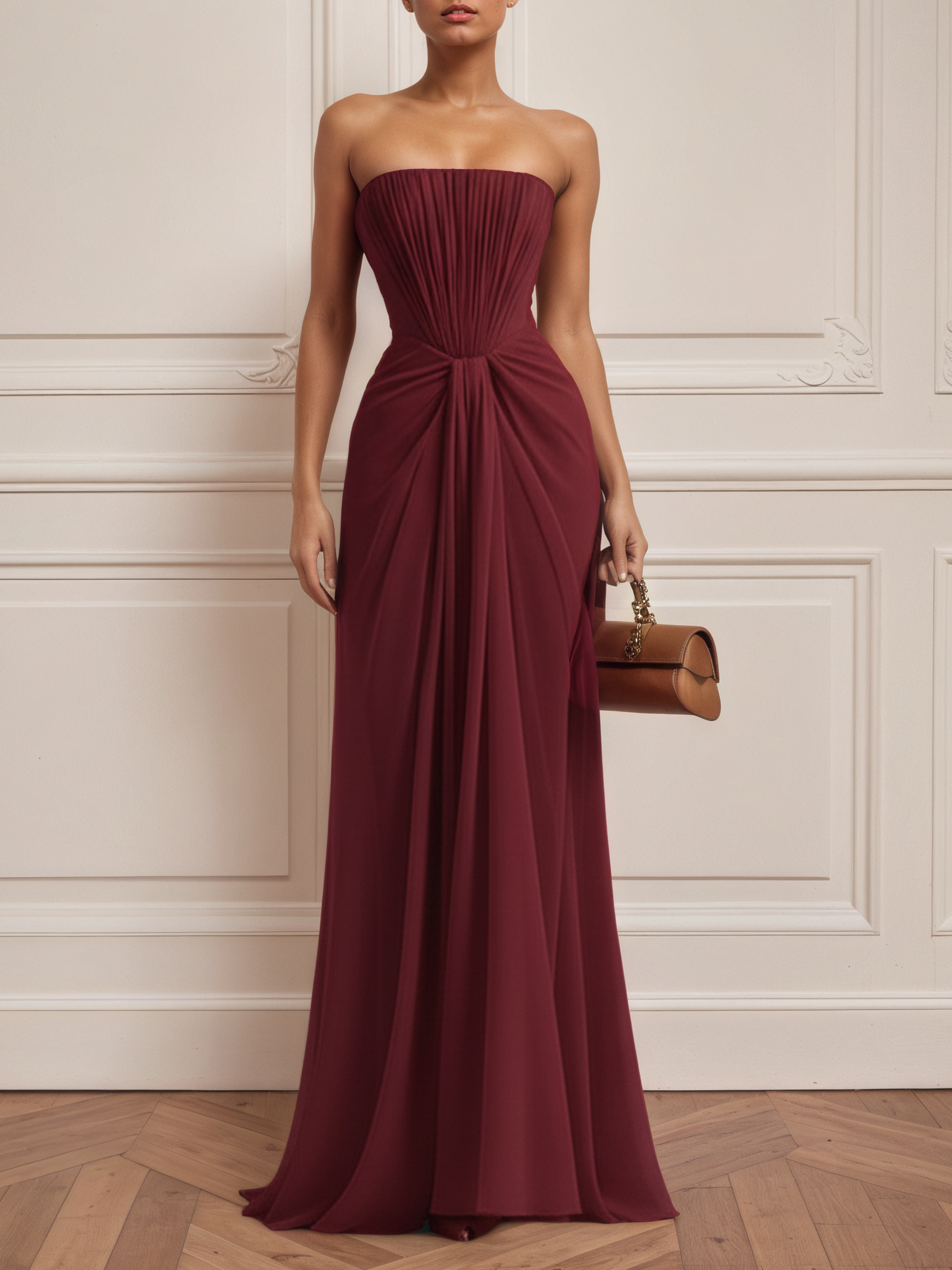 Burgundy Pleated Classic Strapless Sleeveless Sheath Gown Dress