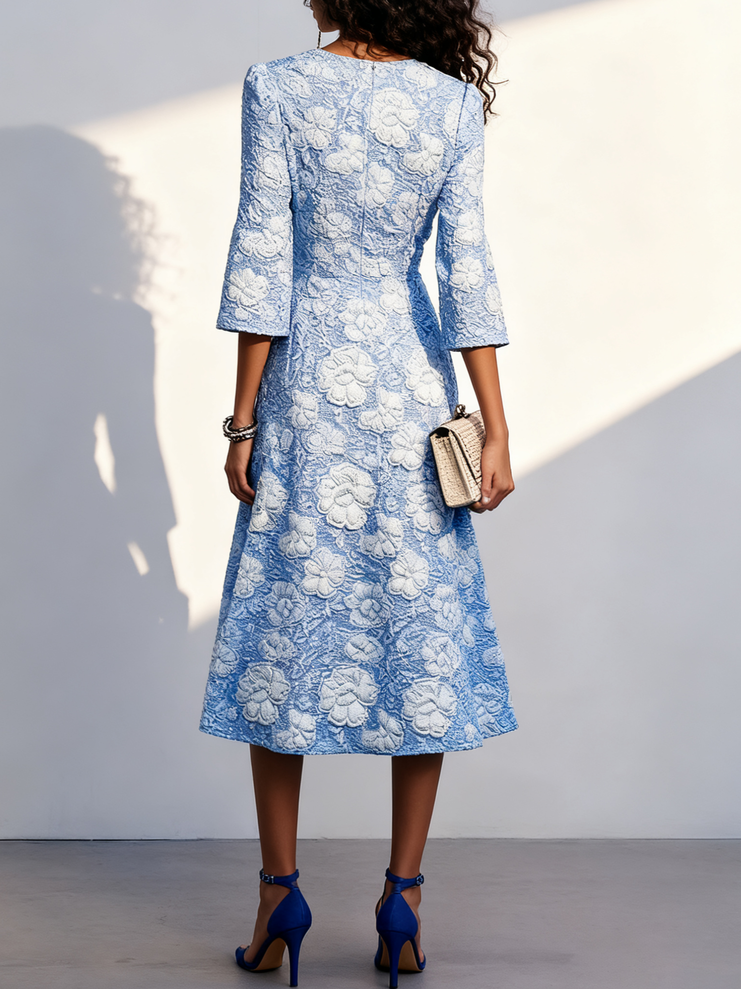Blue Floral Jacquard Classic Crew Neck Three Quarter Sleeve A-Line Midi Dress